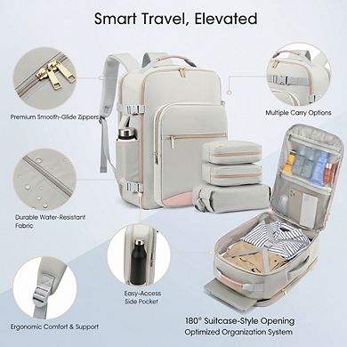AKSZRI 40L TSA-Friendly Carry-On Backpack - Waterproof with 3 Packing Cubes (Light Gray-Pink)