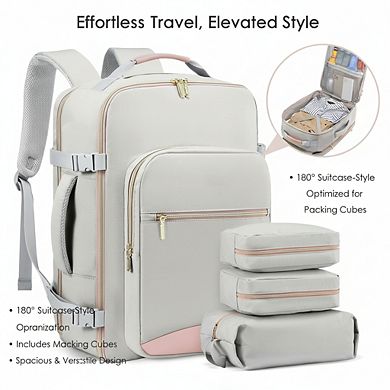 AKSZRI 40L TSA-Friendly Carry-On Backpack - Waterproof with 3 Packing Cubes (Light Gray-Pink)