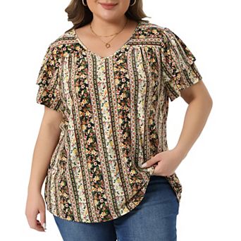 Women's Plus Size Tops V Neck Boho Floral Double Ruffle Sleeve Casual Summer Blouses