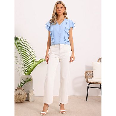 Ruffled Blouse for Women's Short Sleeve V Neck Button Down Casual Top