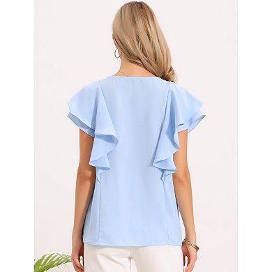 Ruffled Blouse for Women's Short Sleeve V Neck Button Down Casual Top