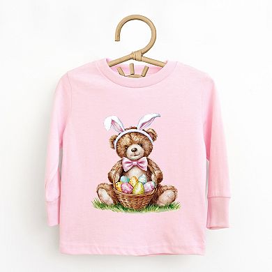 Teddy Bear Easter Basket Watercolor - Toddler Long Sleeve Graphic Tee
