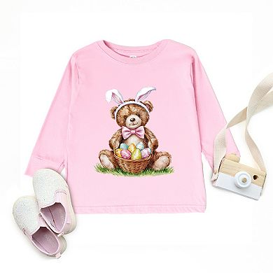 Teddy Bear Easter Basket Watercolor - Toddler Long Sleeve Graphic Tee