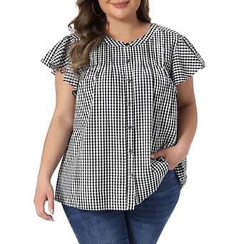 Plus Size Gingham Shirts Button Down Round Neck Ruffle Sleeve Back Pleated 1950s Vintage Plaid Tops