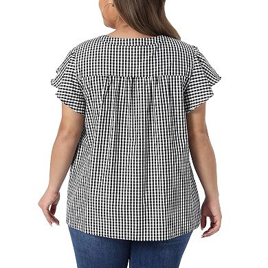 Plus Size Gingham Shirts Button Down Round Neck Ruffle Sleeve Back Pleated 1950s Vintage Plaid Tops