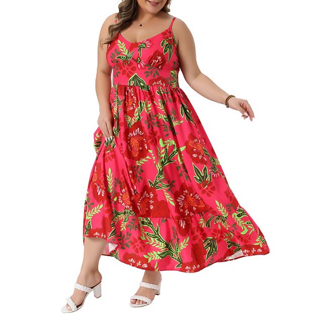 Women's Plus Size Dresses V Neck Sleeveless Tiered Back Smocked Floral Cami  Maxi Summer Dress