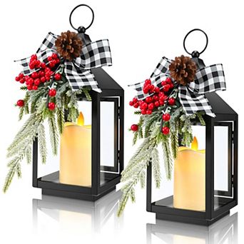 2 Christmas Lanterns Decorative, 12.6x5.12 in Plaid Bows, Waterproof, Christmas Theme