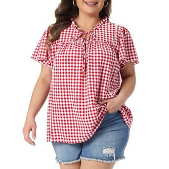 Women's Plus Size Gingham Top Tie Front Ruffle V Neck Short Sleeve Dressy Casual Blouse Shirt