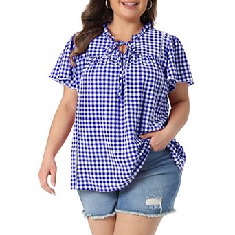 Women's Plus Size Gingham Top Tie Front Ruffle V Neck Short Sleeve Dressy Casual Blouse Shirt