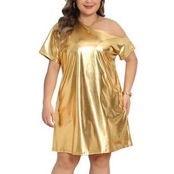 Women's Plus Size Dress Metallic Off the Shoulder Clubwear Tee Shirt Dress Holographic Disco Dress