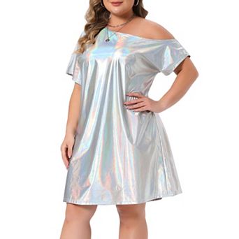 Women's Plus Size Dress Metallic Off the Shoulder Clubwear Tee Shirt Dress Holographic Disco Dress