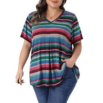 Women's Plus Size Babydoll Top V Neck Short Sleeve Multi-Color Striped Summer t Shirt Tops Casual