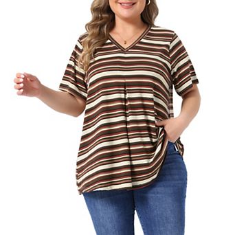 Women's Plus Size Babydoll Top V Neck Short Sleeve Multi-Color Striped Summer t Shirt Tops Casual