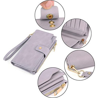 AKSZRI Elegant Leather Wristlet Purse - Snap Closure Long Wallet & Card Holder