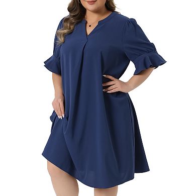 Women's Plus Size Summer Dresses Notch V Neck Bell Short Sleeve Casual Aline Dresses with Pockets