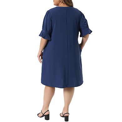 Women's Plus Size Summer Dresses Notch V Neck Bell Short Sleeve Casual Aline Dresses with Pockets