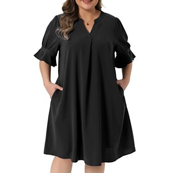 Women's Plus Size Summer Dresses Notch V Neck Bell Short Sleeve Casual Aline Dresses with Pockets