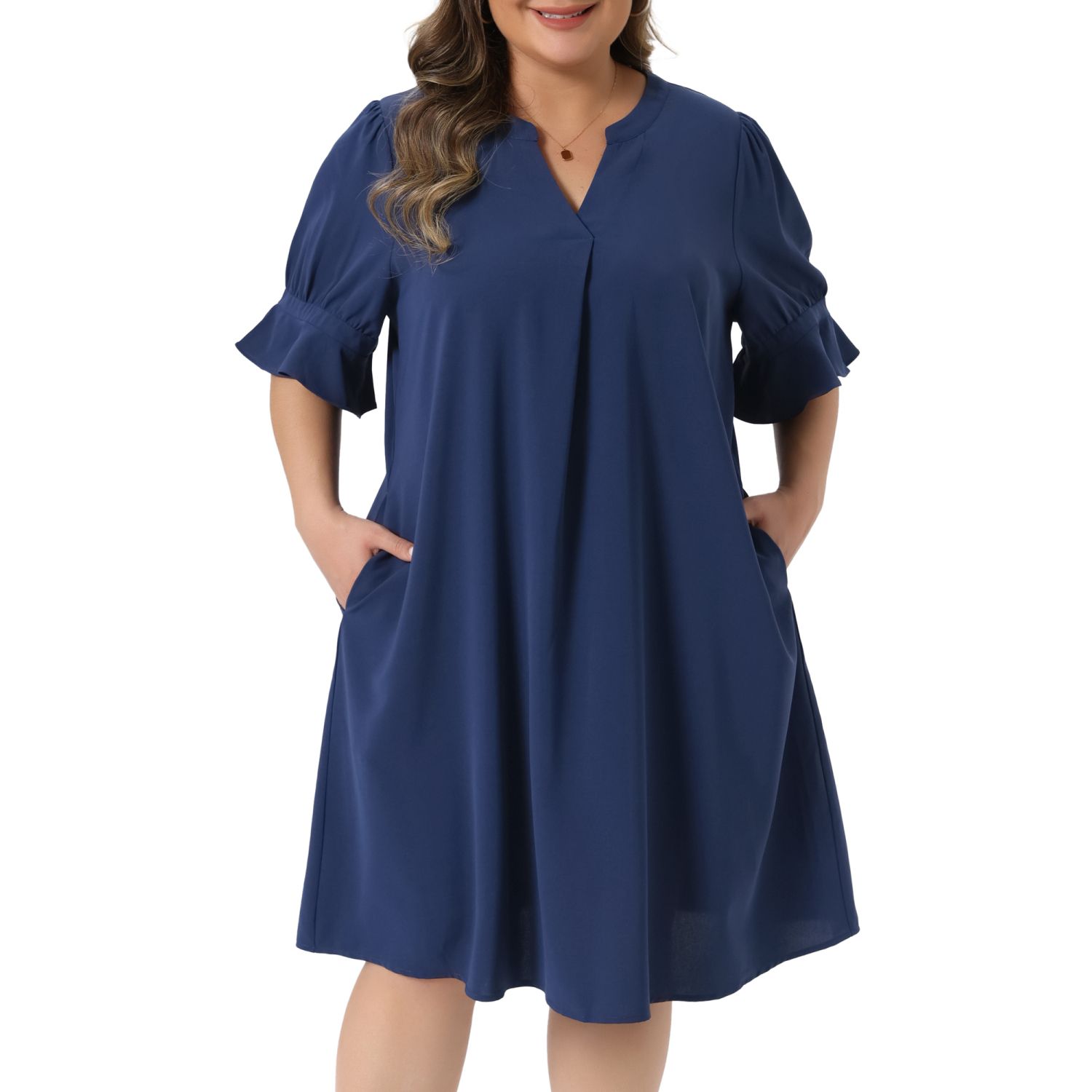 Женские платья Plus Size Summer Dresses Notch V Neck Bell Short Sleeve Casual Aline Dresses with Pockets