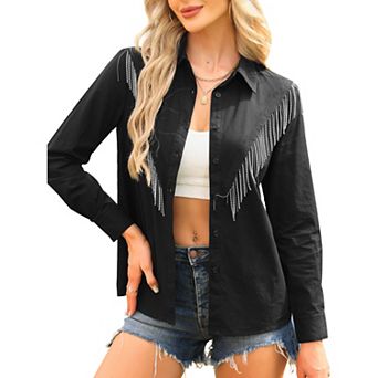 Fringe Button Down Shirt for Women's Long Sleeve Sparkle Tassel Western Cowgirl Outfits