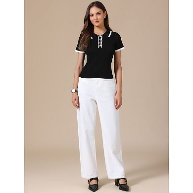 Casual Work Top for Women's Short Sleeve Polo V Neck Ribbed Knit Pullover Tops