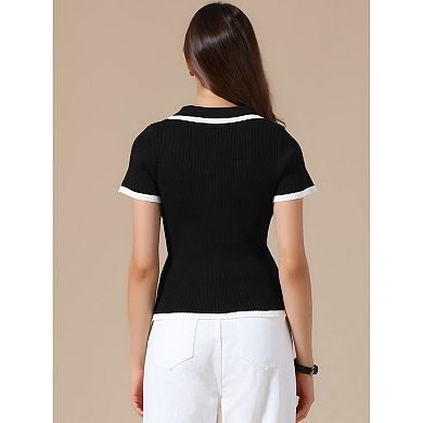 Casual Work Top for Women's Short Sleeve Polo V Neck Ribbed Knit Pullover Tops