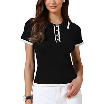 Casual Work Top for Women's Short Sleeve Polo V Neck Ribbed Knit Pullover Tops