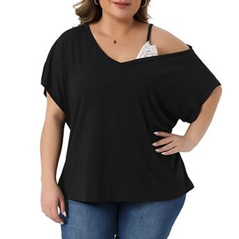 Women's Plus Size Tops V Neck One Cold Shoulder Short Sleeve t Shirt Tops Summer Blouse