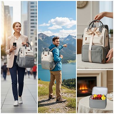 AKSZRI Multi-Use Backpack with Lunch Box, Fits 17.3" Laptop, Gray-Beige