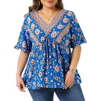 Women's Plus Size Top Floral Print V Neck Short Sleeve Shirts Boho Casual Loose Flowy Blouses