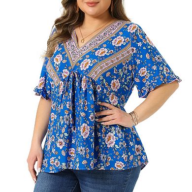 Women's Plus Size Top Floral Print V Neck Short Sleeve Shirts Boho Casual Loose Flowy Blouses