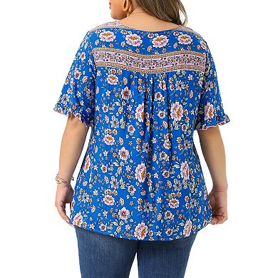 Women's Plus Size Top Floral Print V Neck Short Sleeve Shirts Boho Casual Loose Flowy Blouses