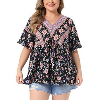 Women's Plus Size Top Floral Print V Neck Short Sleeve Shirts Boho Casual Loose Flowy Blouses