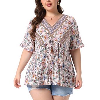 Women's Plus Size Top Floral Print V Neck Short Sleeve Shirts Boho Casual Loose Flowy Blouses
