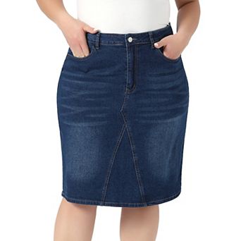 Women's Plus Size Denim Skirt High Waist Knee Length Stretch Pockets Casual Midi Jean Pencil Skirts