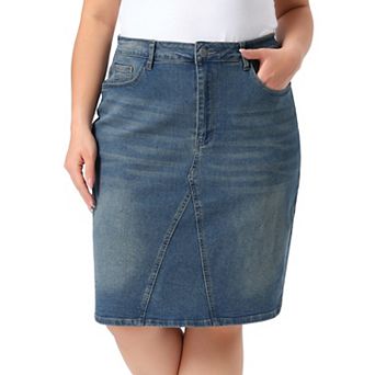 Women's Plus Size Denim Skirt High Waist Knee Length Stretch Pockets Casual Midi Jean Pencil Skirts