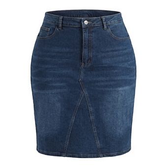Women's Plus Size Denim Skirt High Waist Knee Length Stretch Pockets Casual Midi Jean Pencil Skirts