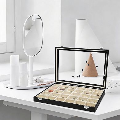 Adjustable Jewelry Tray with Velvet Lining and Clear Lid for 30 Grid Storage