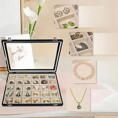 Adjustable Jewelry Tray with Velvet Lining and Clear Lid for 30 Grid Storage