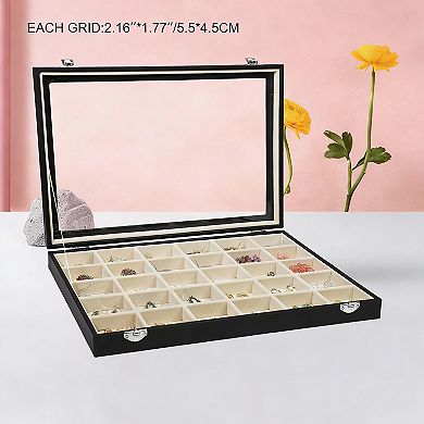 Adjustable Jewelry Tray with Velvet Lining and Clear Lid for 30 Grid Storage
