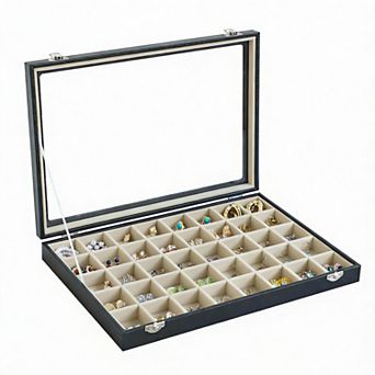 Adjustable Jewelry Tray with Velvet Lining and Clear Lid for 30 Grid Storage