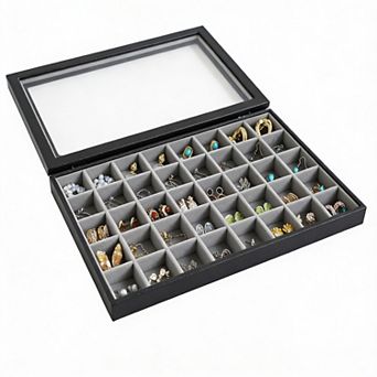 Adjustable Jewelry Tray with Velvet Lining and Clear Lid for 30 Grid Storage