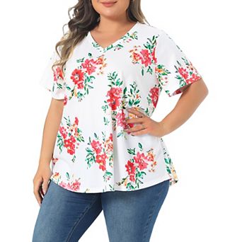 Women's Plus Size Summer Tops Floral V Neck Short Sleeve Casual Blouse Tee Loose Tunics