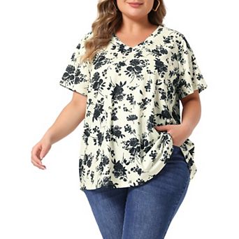 Women's Plus Size Summer Tops Floral V Neck Short Sleeve Casual Blouse Tee Loose Tunics