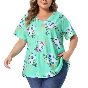 Women's Plus Size Summer Tops Floral V Neck Short Sleeve Casual Blouse Tee Loose Tunics