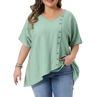 Women's Plus Size Tops V Neck Short Sleeve Button Irregular Hem Summer Blouses T-Shirts