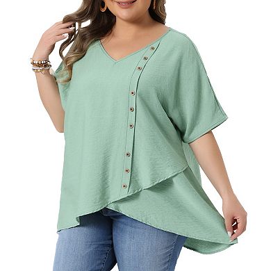 Women's Plus Size Tops V Neck Short Sleeve Button Irregular Hem Summer Blouses T-Shirts
