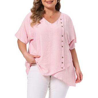 Women's Plus Size Tops V Neck Short Sleeve Button Irregular Hem Summer Blouses T-Shirts