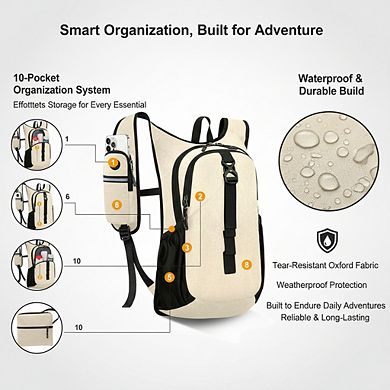 AKSZRI 15L Lightweight Packable Hiking Backpack with Phone Pocket for Travel & Camping, Beige