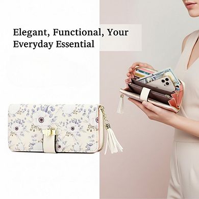 AKSZRI RFID Women's Wallet with Phone Pocket & Card Slots - Hydrangea Design