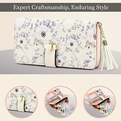 AKSZRI RFID Women's Wallet with Phone Pocket & Card Slots - Hydrangea Design